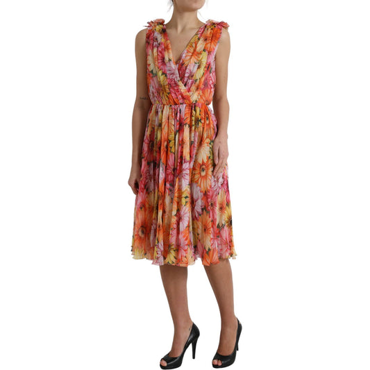 Dolce & Gabbana Elegant Floral Silk Midi Dress with V-Neck Dolce & Gabbana Sienna