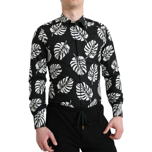 Dolce & Gabbana Elegant Leaf Print Slim Fit Dress Shirt Dolce & Gabbana Gray