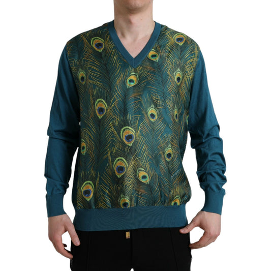 Dolce & Gabbana Silk V-Neck Peacock Feather Sweater Dolce & Gabbana Dark Slate Gray