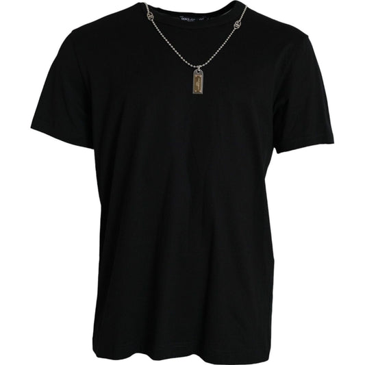 Dolce & Gabbana Elegant Black Cotton Crewneck Tee with Dog Tag Detail Dolce & Gabbana Black