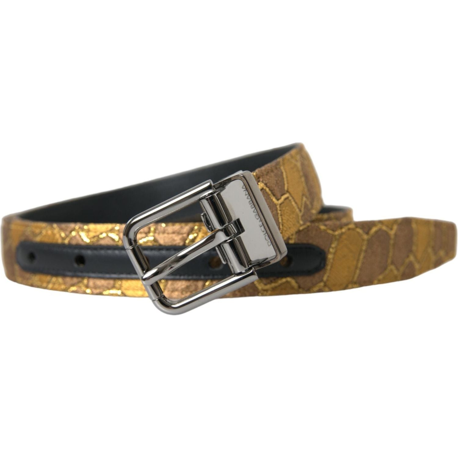 Dolce & Gabbana Gold Leather Jacquard Silver Metal Buckle Belt