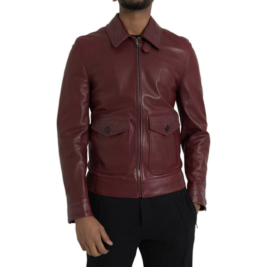 Dolce & Gabbana Maroon Exotic Leather Zip Biker Coat Jacket Dolce & Gabbana Dark Slate Gray