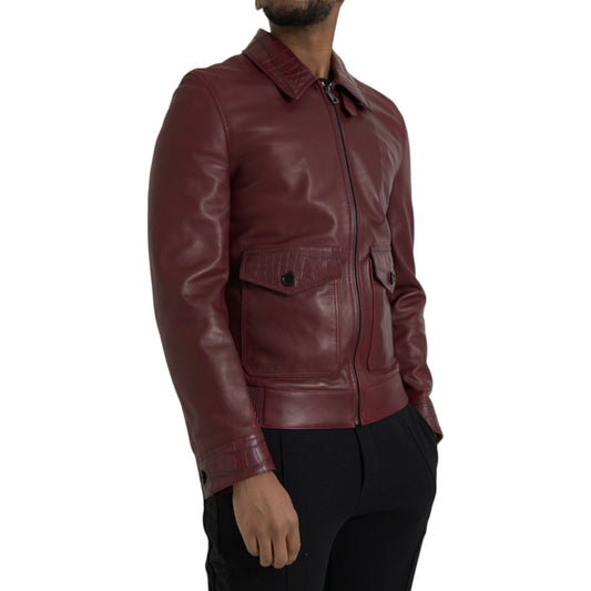 Dolce & Gabbana Maroon Exotic Leather Zip Biker Coat Jacket Dolce & Gabbana Dark Slate Gray