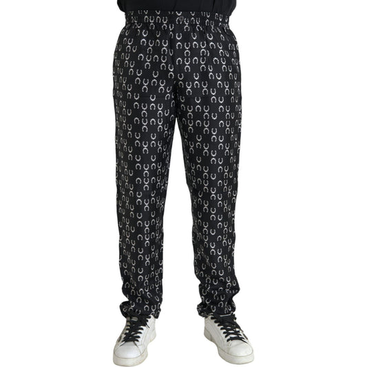 Dolce & Gabbana Black Horseshoe Print Silk Pants Dolce & Gabbana Black