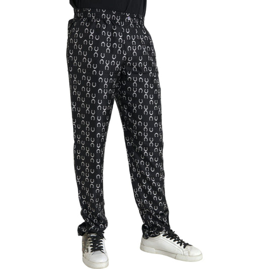 Dolce & Gabbana Black Horseshoe Print Silk Pants Dolce & Gabbana Black