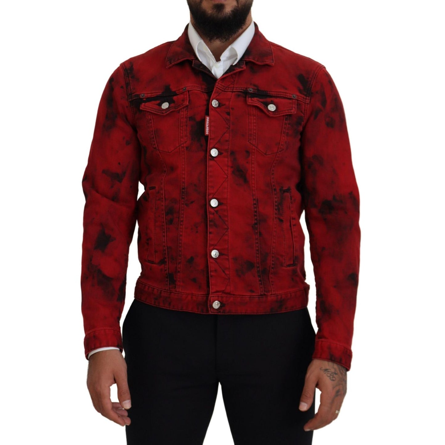 Dsquared² Red Black Tie Dye Collared Men Denim Jacket
