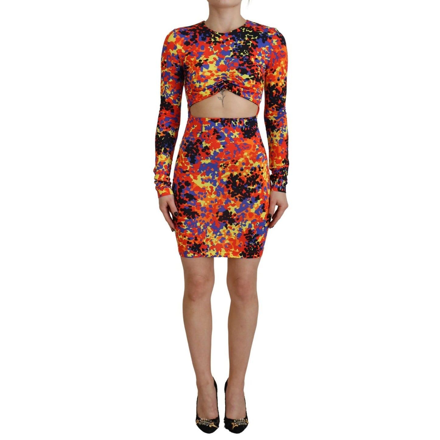 Dsquared² Multicolor Batik Open Belly Long Sleeves Dress