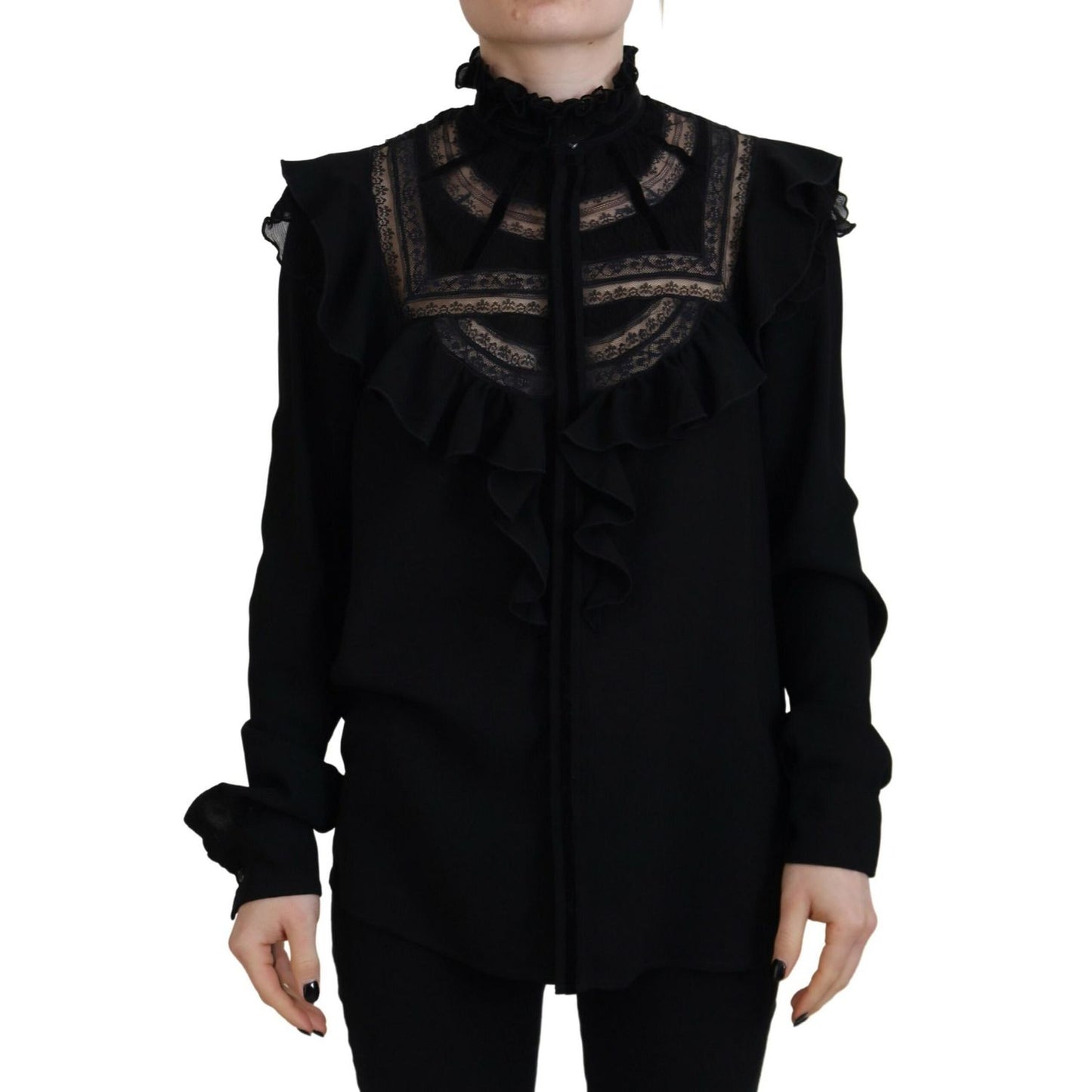 Dsquared² Black Lace Trim Turtle Neck Long Sleeves Top
