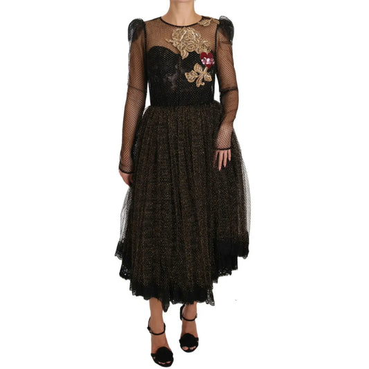Dolce & Gabbana Black Gold Crystal Heart A-line Dress