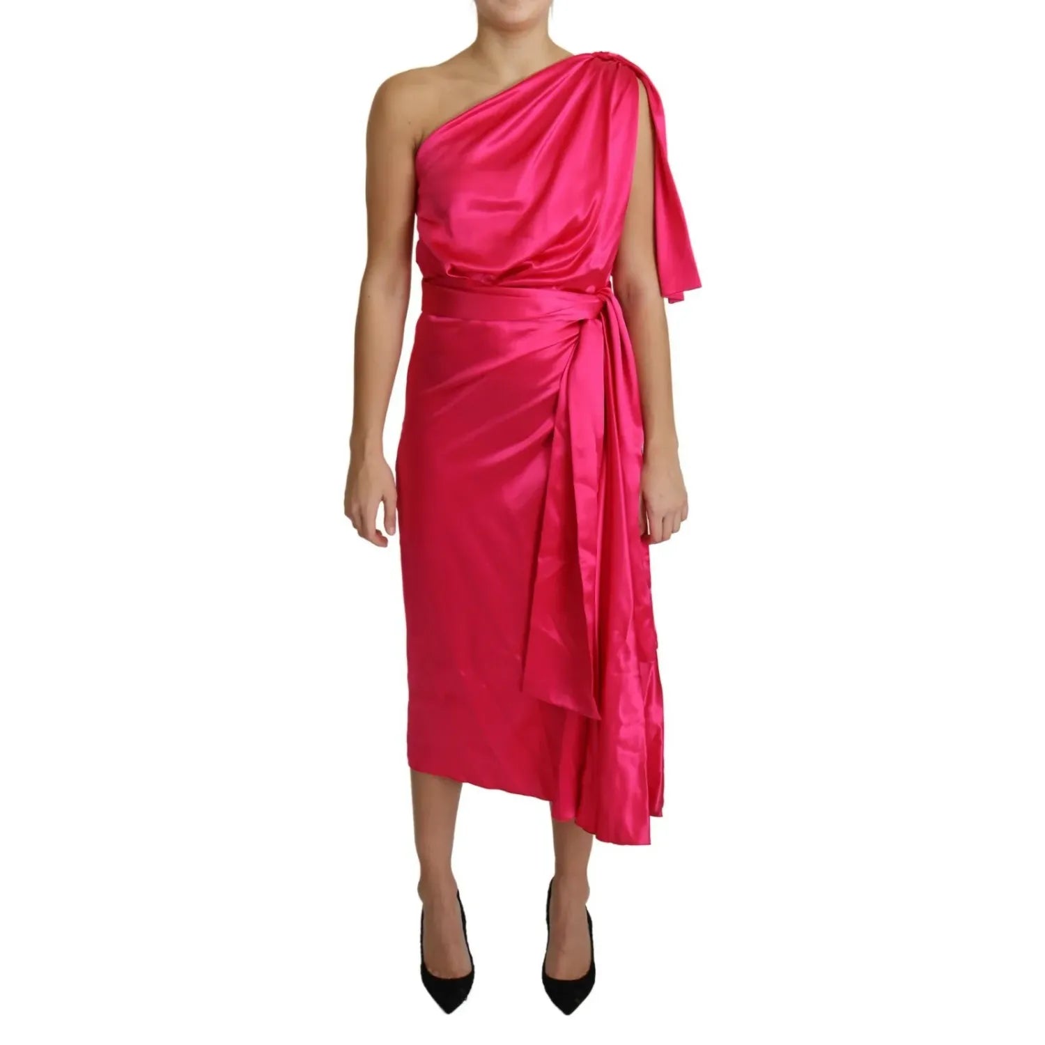 Dolce & Gabbana Fuchsia Fitted Cut One Shoulder Midi Dress