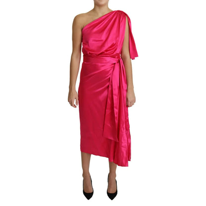 Dolce & Gabbana Fuchsia Fitted Cut One Shoulder Midi Dress