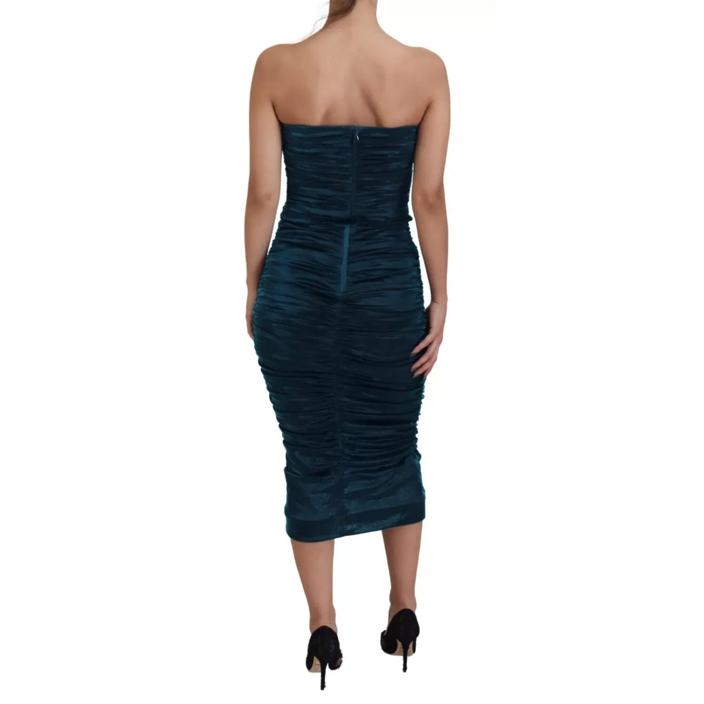 Dolce & Gabbana Silk Blend Blue Satin Fitted Strapless Dress