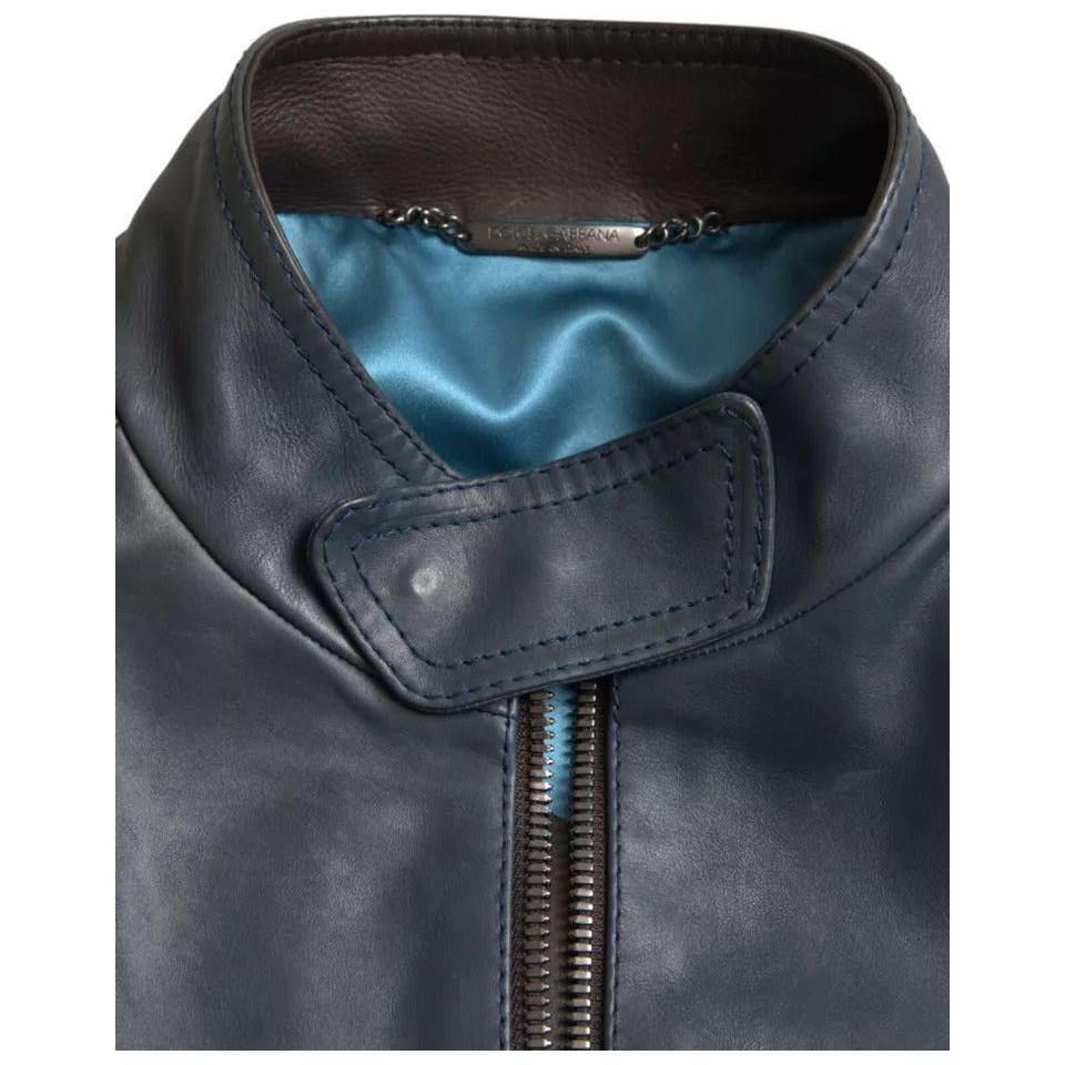Dolce & Gabbana Blue Leather Full Zip Biker Blouson Jacket