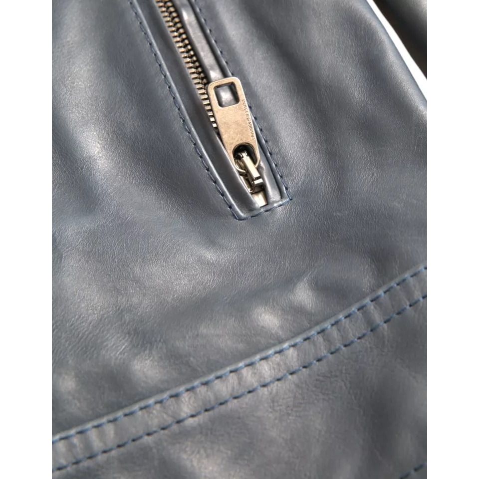 Dolce & Gabbana Blue Leather Full Zip Biker Blouson Jacket