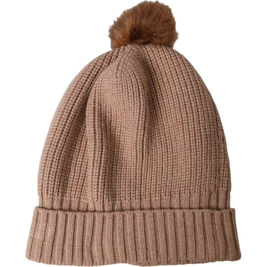 Dolce & Gabbana Brown Solid Knitted Fur Ball Winter Beanie Hat Dolce & Gabbana Dim Gray