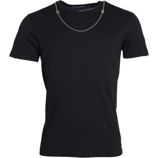 Dolce & Gabbana Black Cotton Silver Chain Short Sleeve T-shirt Dolce & Gabbana Black