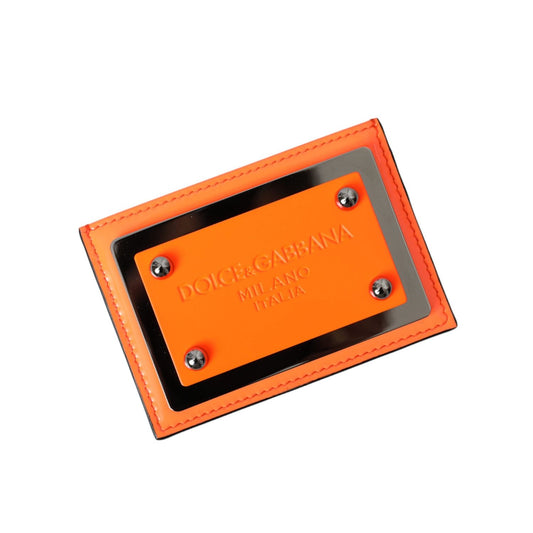 Dolce & Gabbana Orange Black Leather Logo Plaque Card Holder Wallet