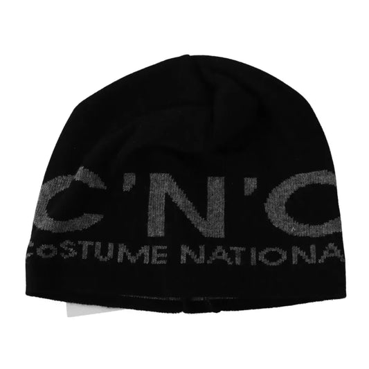 Costume National Black Wool Blend Branded Beanie Hat