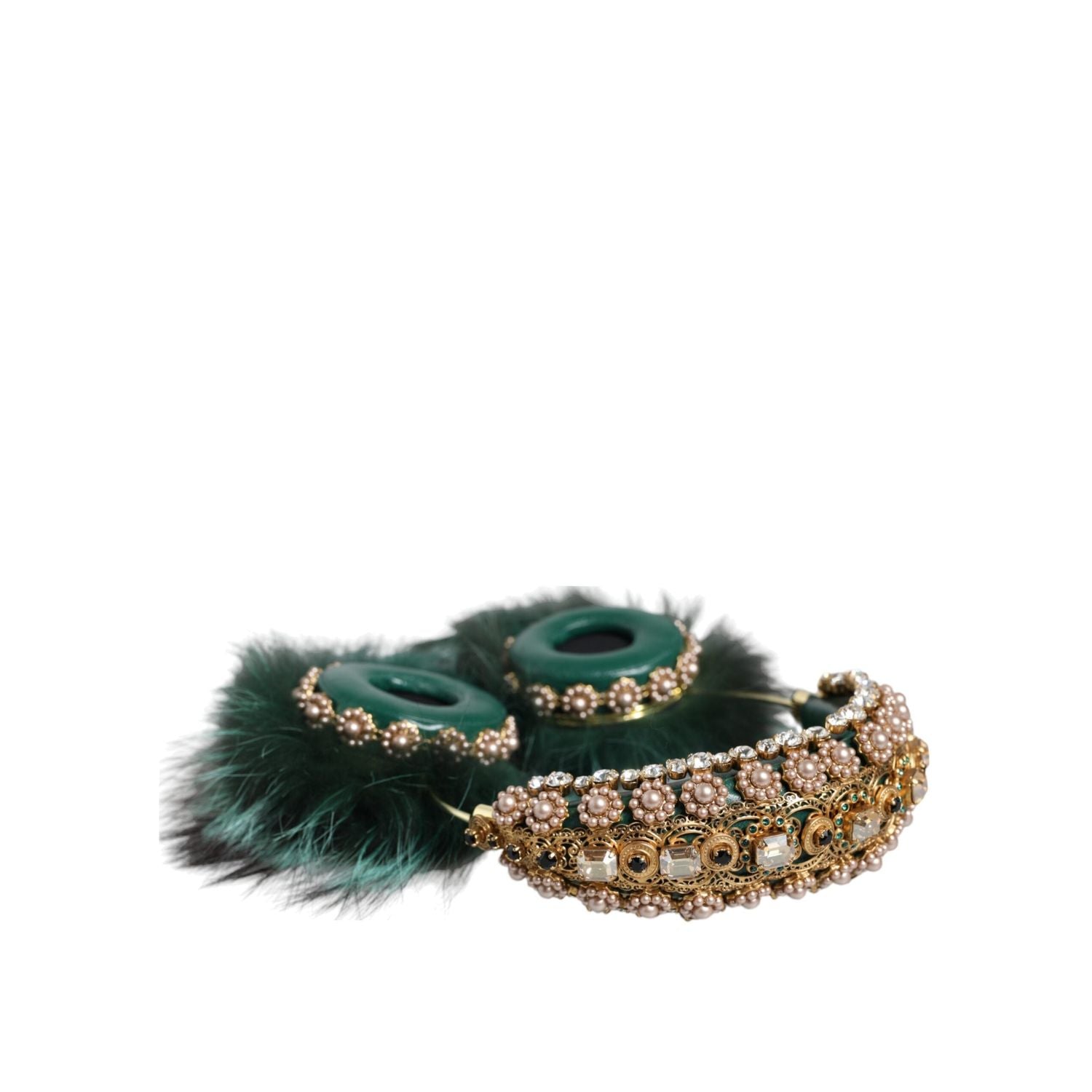 Dolce & Gabbana Green Gold Crystal Fur Headset Audio AUX Headphones