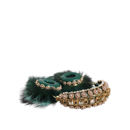 Dolce & Gabbana Green Gold Crystal Fur Headset Audio AUX Headphones