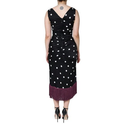 Dolce & Gabbana Black Silk Polka Dot V-neck Tassel Midi Dress