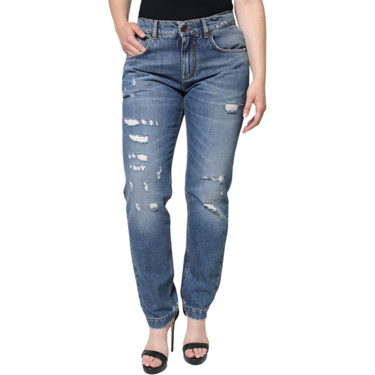 Dolce & Gabbana Blue Cotton Tattered Boyfriend Denim Jeans Dolce & Gabbana Dim Gray