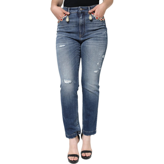 Dolce & Gabbana Dark Blue Cotton Tattered Skinny Denim Jeans Dolce & Gabbana Dim Gray