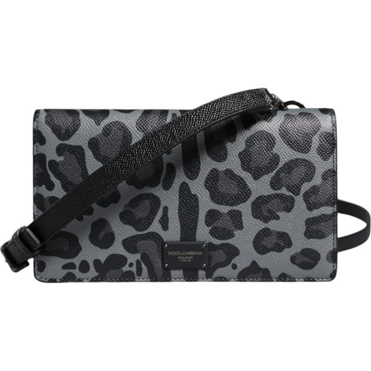 Dolce & Gabbana Black Gray Leopard Leather Bifold Card Slot Crossbody Bag Dolce & Gabbana Dark Slate Gray