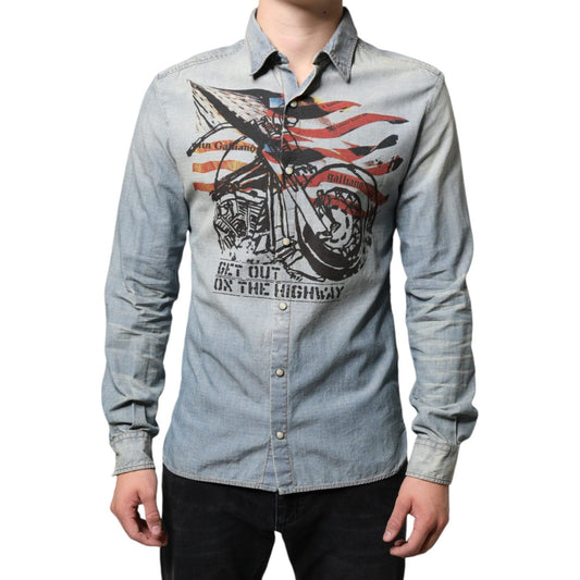 John Galliano Light Blue Printed Cotton Denim Long Sleeves Shirt John Galliano Dark Gray