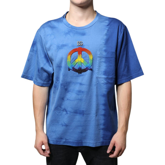 Dolce & Gabbana Blue Tie-Dye Peace Sign Cotton T-shirt Dolce & Gabbana Steel Blue
