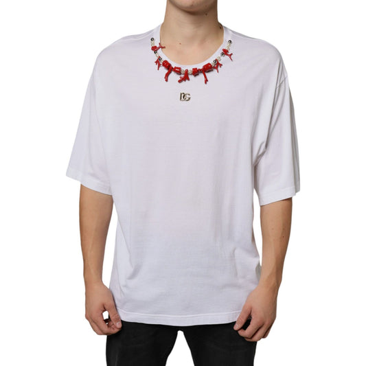 Dolce & Gabbana White Cotton Necklace Embellished T-shirt Dolce & Gabbana Light Gray