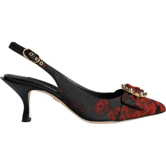 Dolce & Gabbana Black Red Floral Crystal Heel Slingback Shoes Dolce & Gabbana Dark Slate Gray