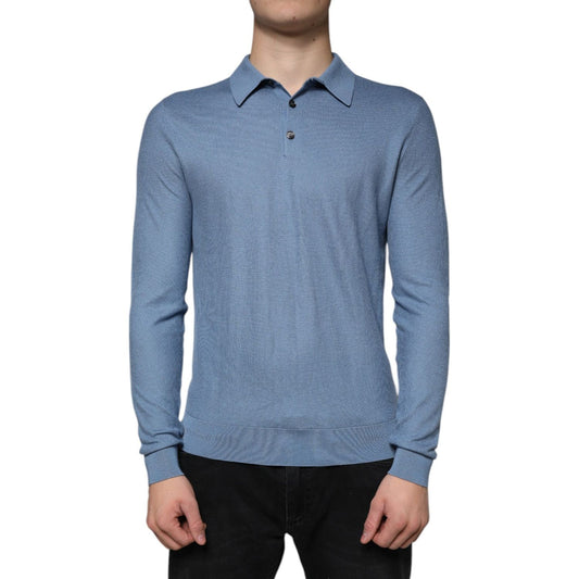 Dolce & Gabbana Sky Blue Silk Collared Men Pullover Sweater Dolce & Gabbana Light Slate Gray