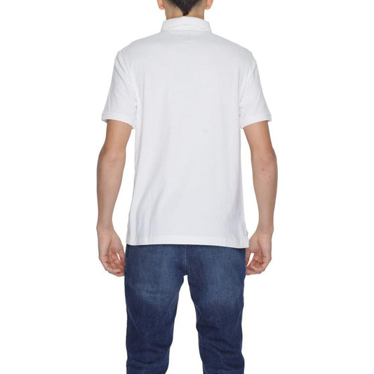 Back view of a man wearing a Blauer cream cotton polo shirt paired with jeans, showcasing the short sleeve spring/summer design.