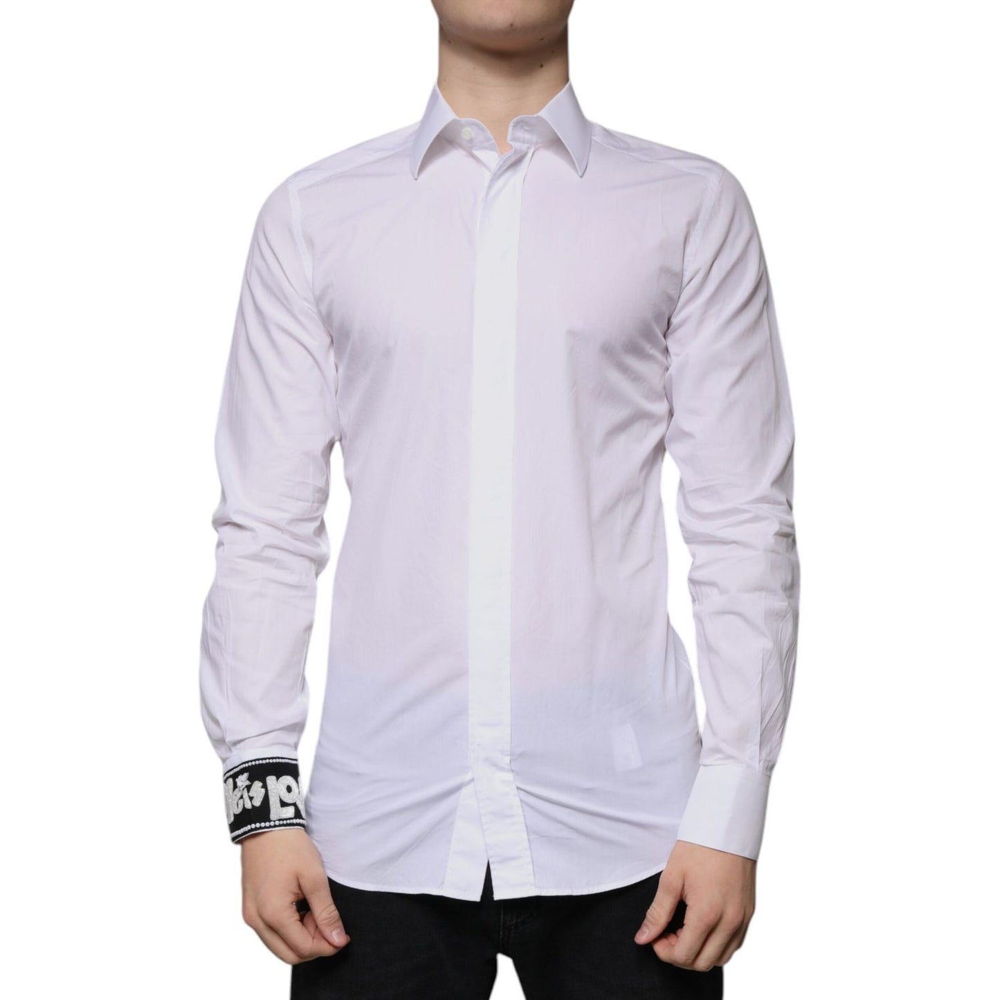 Dolce & Gabbana White Cotton Slim Fit GOLD Men Dress Shirt TSH86477-39