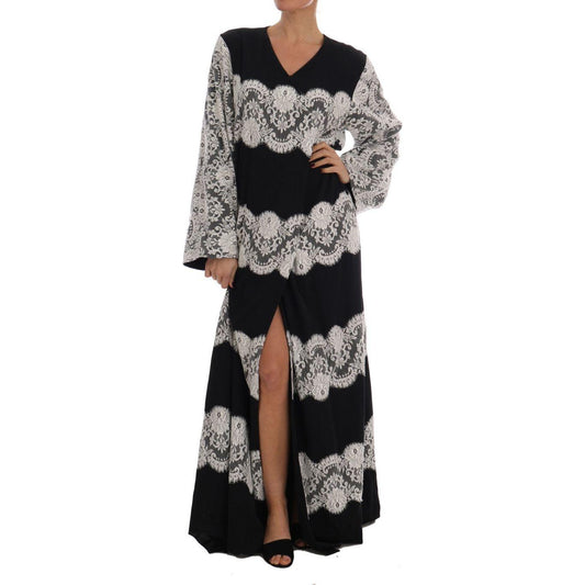 Dolce & Gabbana Elegant Silk Floral Lace Kaftan Maxi Dress Dolce & Gabbana Gray