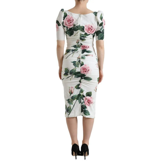 Dolce & Gabbana White Roses Print Stretch Silk Pleated Dress DR28962-36