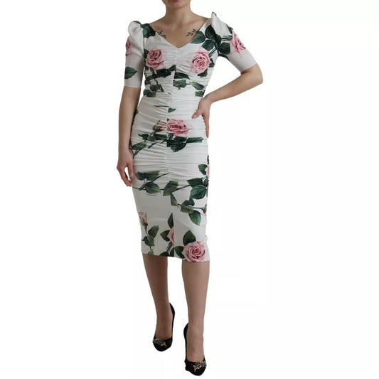 Dolce & Gabbana White Roses Print Stretch Silk Pleated Dress DR28962-36