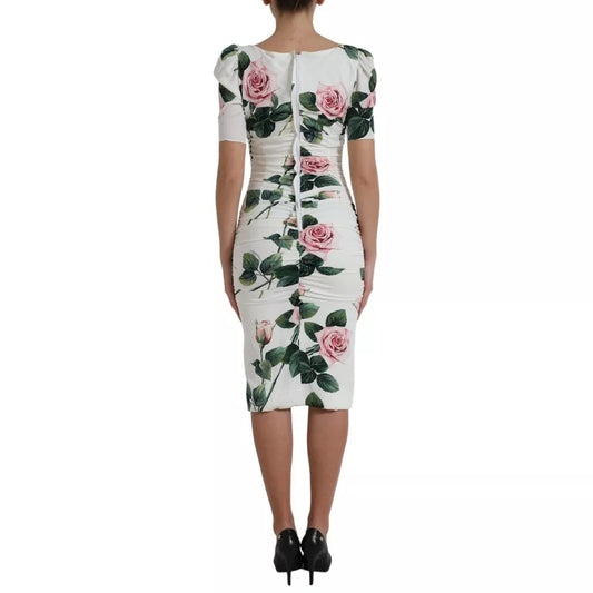 Dolce & Gabbana White Roses Print Stretch Silk Pleated Dress DR281035-40