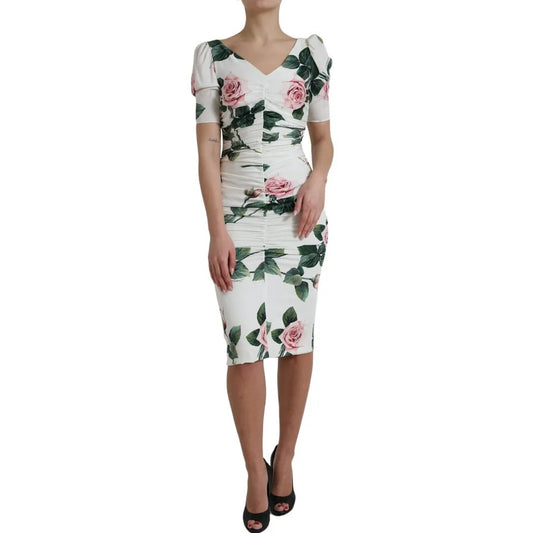 Dolce & Gabbana White Roses Print Stretch Silk Pleated Dress DR281035-40