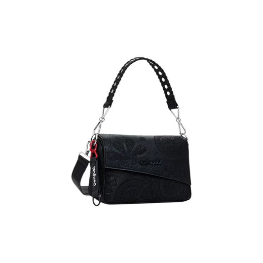 Desigual black polyethylene handbag with patterned design, adjustable strap, stylish and trendy for women this Spring/Summer.