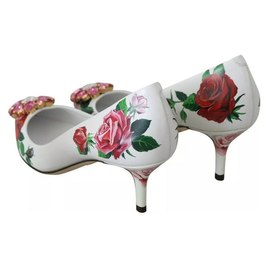 Dolce & Gabbana White Leather Roses Crystal Pumps Shoes LA7527-35