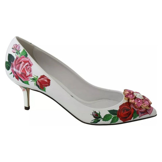 Dolce & Gabbana White Leather Roses Crystal Pumps Shoes LA7527-35