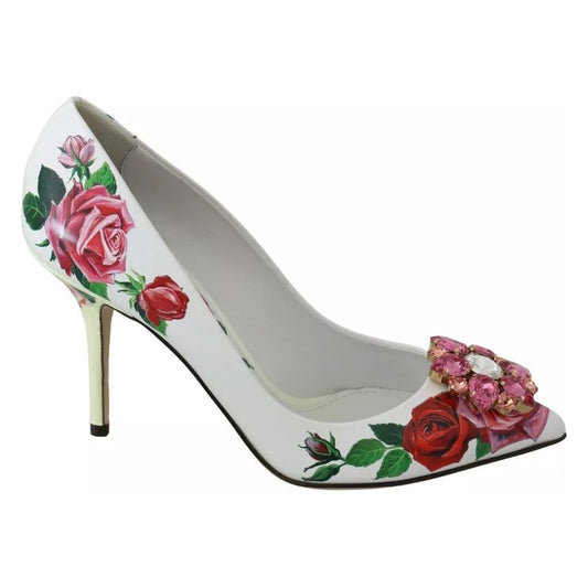 Dolce & Gabbana White Leather Roses Crystal Pumps Shoes LA7526-36