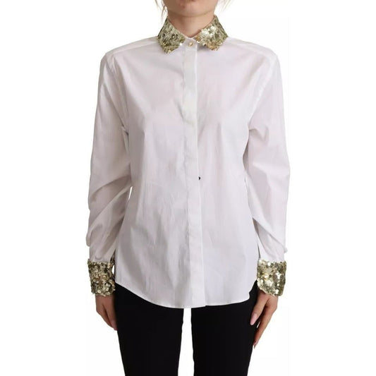 Dolce & Gabbana White Cotton Collared Long Sleeves Sequin Top Shirt TSH7626-38