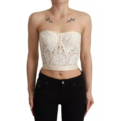 Dolce & Gabbana White Strapless Floral Lace Cropped Bustier Top