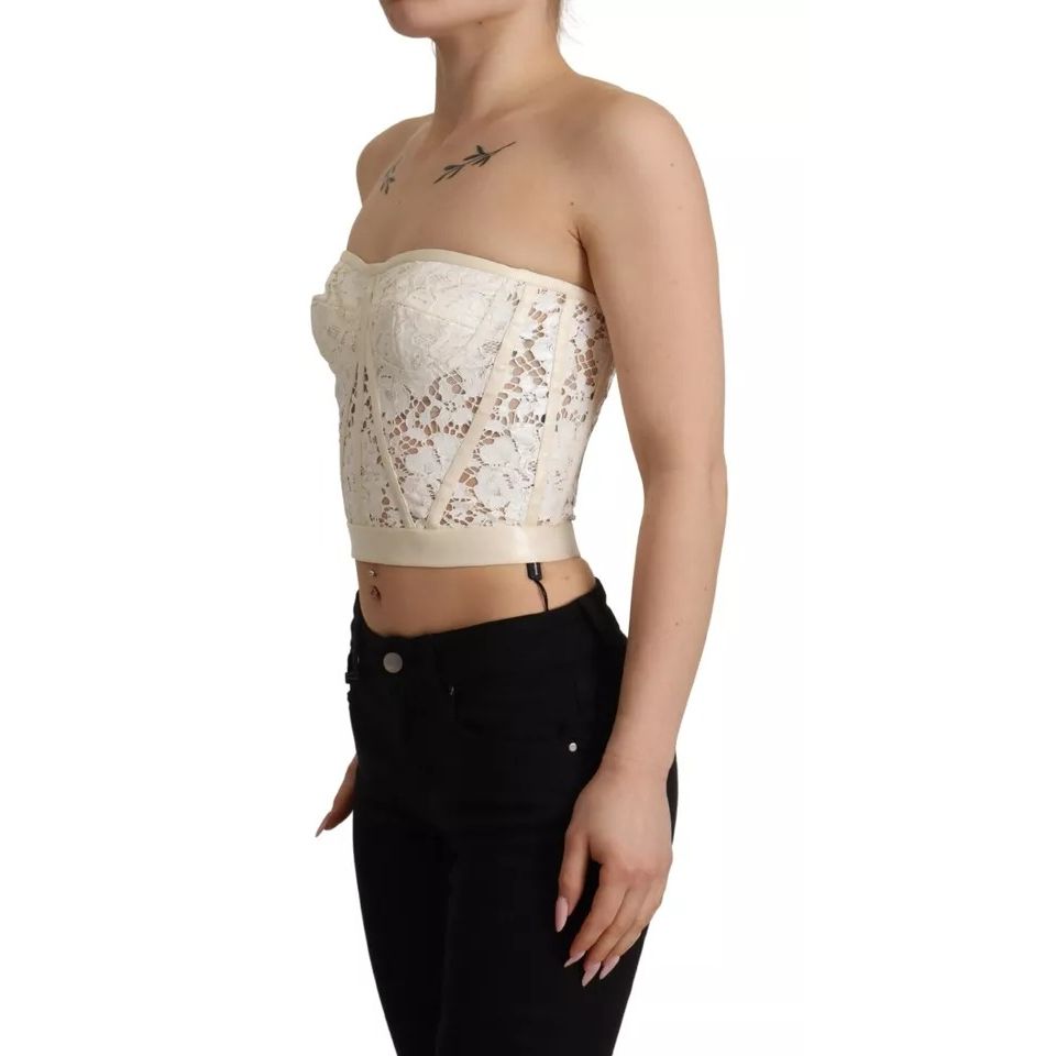 Dolce & Gabbana White Strapless Floral Lace Cropped Bustier Top