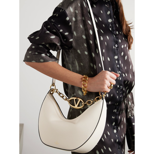 Valentino Garavani Ivory Leather Small Hobo Vlogo Shoulder Bag
