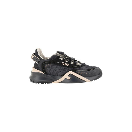 Fendi logoed sneakers with elastic drawstring laces and textured sole for grip, featuring a tone-on-tone logo on black design.