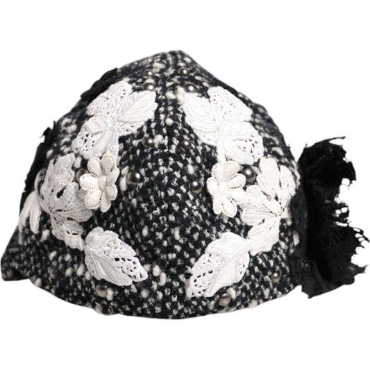 Dolce & Gabbana Black Wool White Floral Embellished Cloche Hat Dolce & Gabbana Light Gray